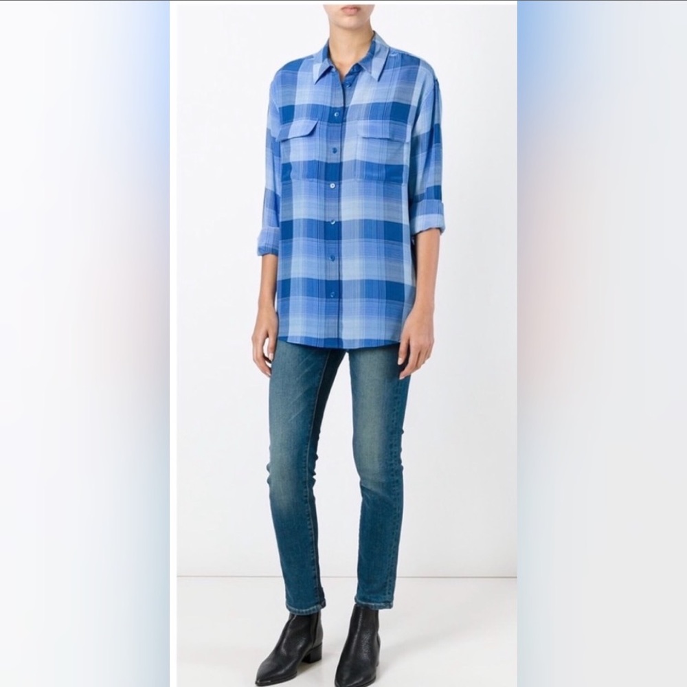 Equipment Femme blues Plaid Silk Shirt, Size M